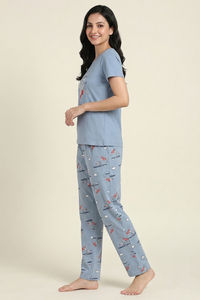 Zivame Farm Lore Knit Cotton Pyjama Set - Ashley Blue — thumbnail 3